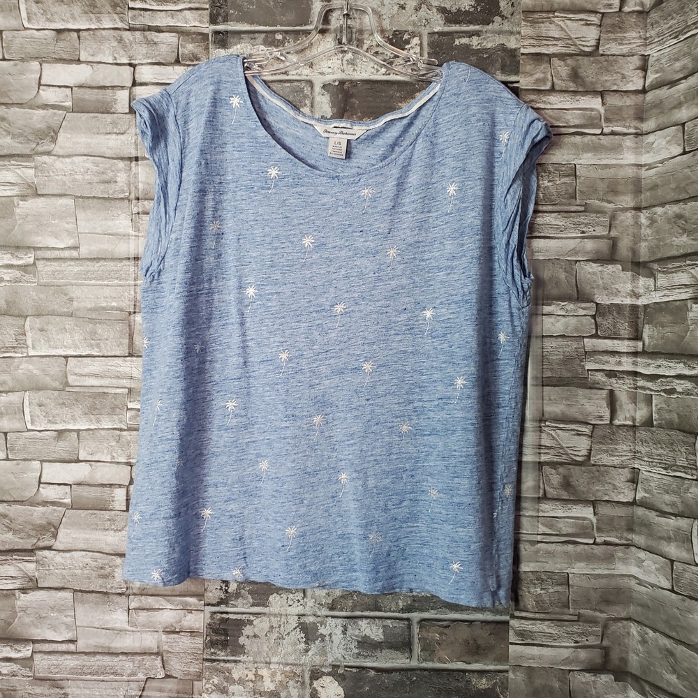 Tommy Bahama Womens Blue Embroidered Palm Tree Cap Sleeve Slub Knit Top Large